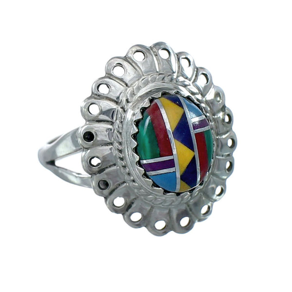 Southwestern Manmade Multicolor Inlay Sterling Silver Ring Size 7-1/4 JX130284